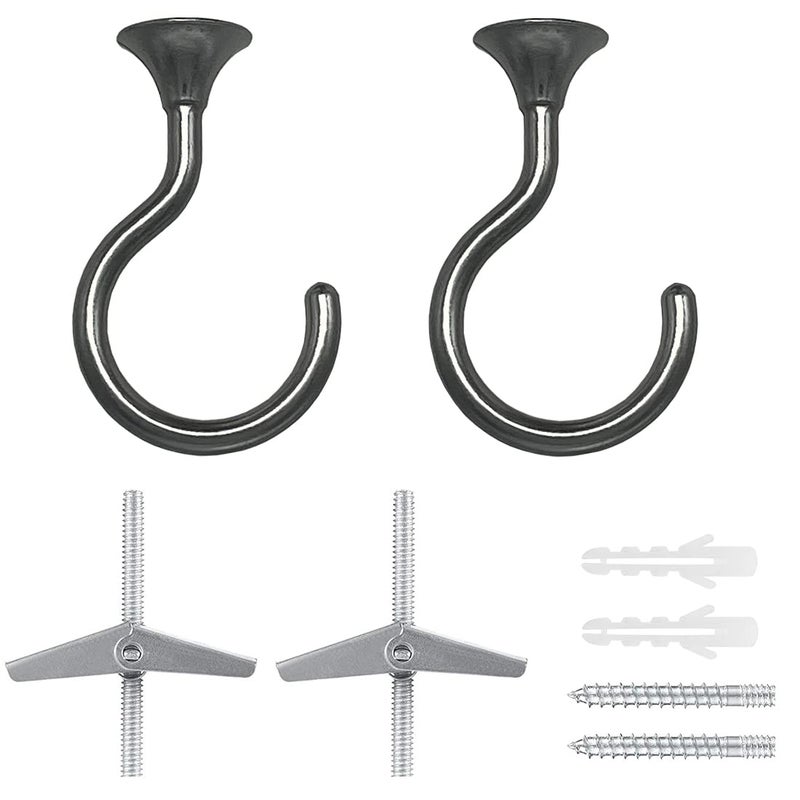 Evsteluo 2 Sets Large Swag Ceiling Hooks Heavy Duty Swag Hook with Hardware for Hanging Plants Ceiling Installation Cavity Wall Fixing (2 Sets  Brilliant Black) - Image 1
